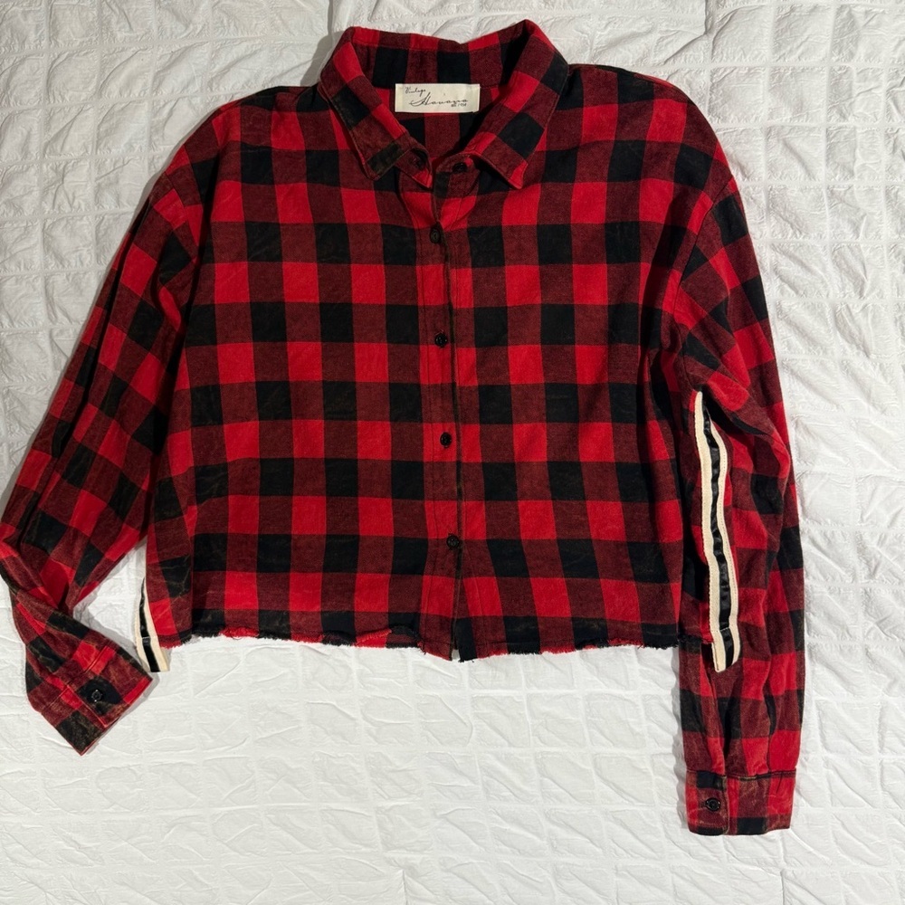 Vintage Havana Red Black Plaid Cropped Flannel Striped Sleeve – Size Medium
